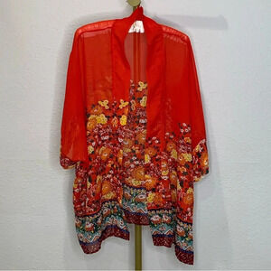 Red Floral Print Sheer Chiffon Kimono Cardigan 3/4 Sleeve Boho Beach Cover Up